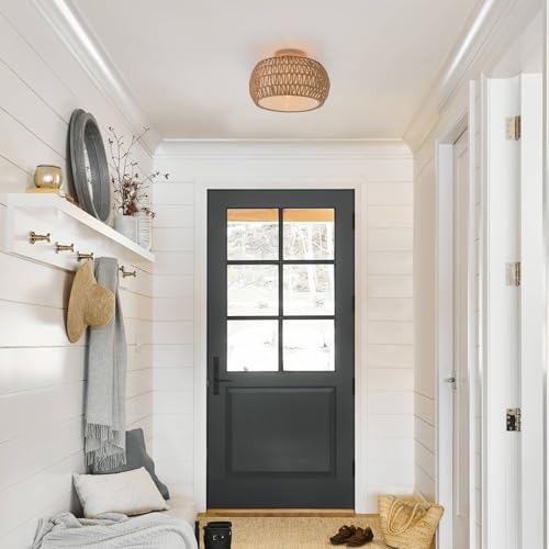 Rattan Light Chandeliers Boho Ceiling Light Fixtures Drum Flush Mount Ceiling Light Small Woven Chandelier for Kitchen Bedroom Hallway Nursery Light Fixture - color: Rattan Drum