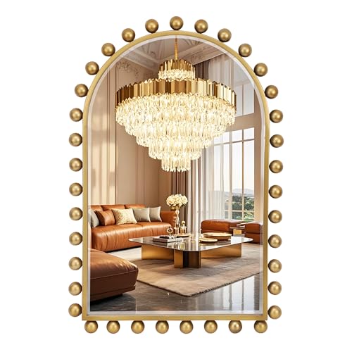 24x36 Inch Arched Wall Mirror with Antique Gold Ball Frame, Beveled Arched Decorative Wall Mirror, Vintage Gold Accent Mirror for Living Room, Entryway, Bedroom, Hallway & Over Console Decor - size: Arch 24x36"