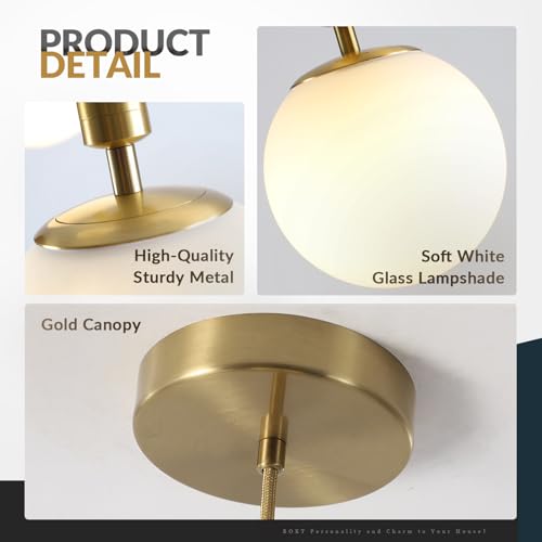 BOKT Mid Century Modern Gold Globe Pendant Light Milk White Opal Glass Pendant Light 1 Light Farmhouse Brushed Brass Mini Hanging Pendant Lights Kitchen Island for Bathroom Bedroom Hallway (Gold) - color: Gold