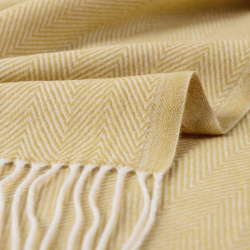 BOURINA Decorative Herringbone Faux Cashmere Fringe Throw Blanket Lightweight Soft Cozy for Bed or Sofa Farmhouse Outdoor Throw Blankets, 50" x 60", Light Yellow - color: Yellow, size: 50"x60"