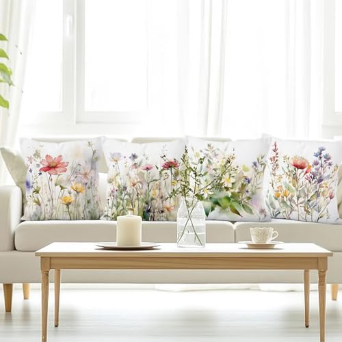 Spring Flowers Throw Pillow Covers, Floral Plant Modern Decorative Throw Pillow Case, 4-Pack Double-Side Printed Pillowcases for Sofa and Living Room, 16x16 in - color: 12, size: 16" x 16" (Pack of 4)