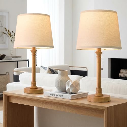 Oneach 19.5" Small Table Lamps Set of 2, Pull Chain Switch Bedside Metal Table Lamps, Modern Nightstand Lamp with Linen Shade, Rustic Lamp for Living Room, Bedroom, Home Office, Nursery - color: Wood Grain-2Pack