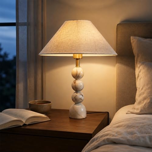 Calacatta Marble Table Lamp with Pleated Linen Shade,Vintage Solid Stacked-Sphere Marble Lamp with 3 Color Temperatures,Boho Marble Light for Bedroom Living Room Nightstand - size: 20.1in