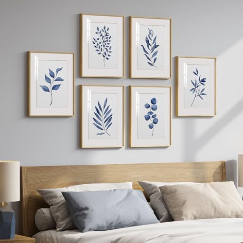 Framed Minimalist Botanical Wall Art, Set of 6 Blue Floral Leaf Painting Prints Artwork for Walls, Navy Blue Flowers Watercolor Plant Pictures for Bedroom Dining Room Hallway Office Home Decor, 11x14 - color: Blue Leaf - Neutral Framed, size: 11" W x 14"