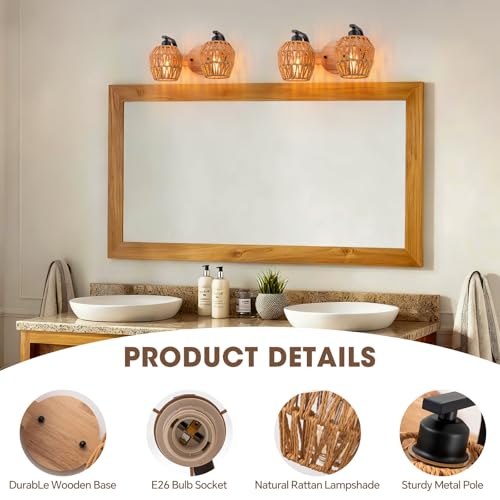 2-light Bathroom Lights Over Mirror,Rattan Vanity Light Fixtures,Farmhouse Boho Wall Sconce with Woven Cage,Rustic Boho Wall Mounted Light Wooden Vanity Lighting for Bedroom Living Room Hallway Foyer - color: 2light-Drum shade