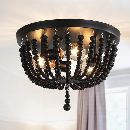 Bohemia Wood Beaded Chandelier, 3-Light Boho Light Fixture, 12.6inch Black Boho Chandelier Flush Mount Ceiling Light Fixtures for Dining Room, Bedroom, Nursery, Girl Room, Hallway and Entryway - color: Black-12.6INCH