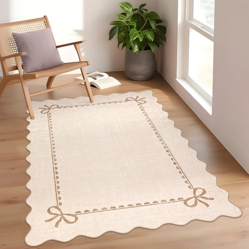 GarveeHome Scalloped Bow Rug for Living Room, Solid Beige Rug for Dorm, Washable Rugs 3x5 Soft Low Pile Non Slip Scalloped Rugs for Nursery Bedroom Decor Hallway Kids Room Playroom - color: Beige, size: 3' x 5' (Rectangular)
