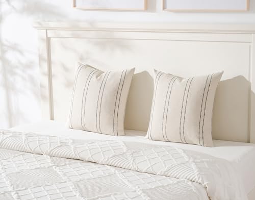 Decorative Throw Pillow Covers 20x20 Inch Set of 2 Linen Striped Accent Neutral Beige Farmhouse Boho Square Cushion Covers for Couch Sofa Bed Living Room Modern Home Decor, Grey - color: Grey, size: 20" x 20" (Pack of 2)