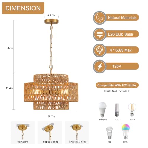 17.8" Boho Rattan Chandelier Light Fixture, 4-Light Golden Hand Woven Pendant Light Fixture Farmhouse Rustic Wicker Chandeliers for Kitchen, Bedroom, Dining Room, Living Room, Hallway, Foyer - color: Gold 17.8"