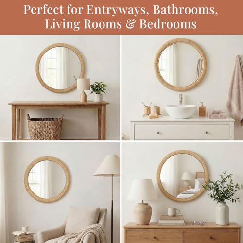 Barnyard Designs Rattan Wall Mirror, Round Farmhouse Boho Accent for Bathroom, Entryway or Bedroom, Handwoven Natural Honey Rattan Frame (25.5", Round) - size: 25.5"L x 25.5"W
