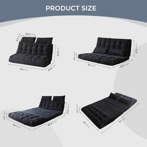 MAXYOYO Folding Sofa Bed, Tufted Bean Bag Bed with Pillows Floor Couch for Adults, Extra Thick and Long Floor Sofa, Full Floor Couch Bed for Bedroom Living Room, Black, 54x91 Inch - color: Black, size: Tufted Full