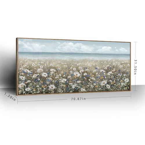 amatop Oversized Framed Canvas Wall Art 6x2.6 ft – Extra Large Farmhouse Art Work Boho Beach Coastal Ocean Nature Daisy Flowers Landscape Picture for Giant Living Room Bedroom Office Decor 71“x31” - color: Coastal Flower Sea Art, size: 71"L x 31"W