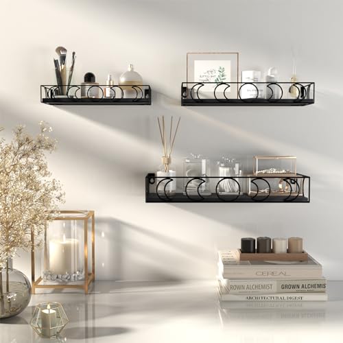 PHAREGE Moon Phase Floating Shelves Black, Set of 3 Small Decorative Wall Shelves for Book Plant Storage, Crystal Figurine Collectibles Display Shelf for Bedroom Kid Room - color: Black