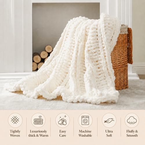 Battilo Chunky Knit Throw Blanket for Couch, Hand Made Chenille Throw Blanket, Super Soft Warm Cozy Cream White Blanket for Bed, Sofa, Living Room, 50"x60" - color: Cream White