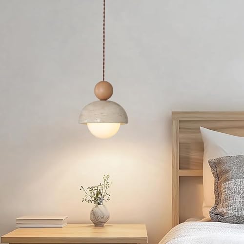7.1inch Wabi Sabi Natural Stone Pendant Light Travertine & Wood Hanging Light Round Nordic Mini Pendant Lamp G9 for Kitchen Island teahouse Dining Room Bedroom - color: 1pcs, size: 7.1inch