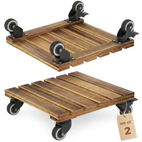 Bamworld 14 Inch Large Plant Stand Wood Plant Caddy with Wheels Heavy Duty Plant Dolly with 360 Lbs Capacity, 360° Lockable Wheels for Large Plant Pots, Indoor and Outdoor Use 2-Pack - size: 14inch-Square-2pack