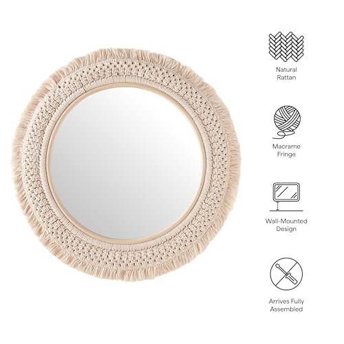 Jade Round Boho Wall Mirror with Natural Rattan Frame and Handwoven Macrame Fringe – Hanging Accent Mirror for Bathroom, Bedroom, or Nursery