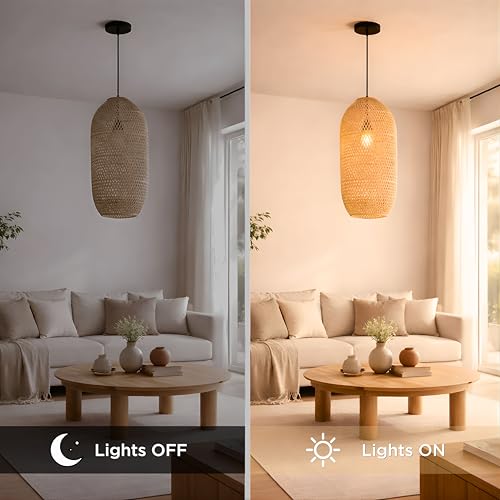 FOREVER BAMBOO Handcrafted Indonesian Natural Rattan Pendant Light Shade Wicker Light Fixtures Luxurious Cylinder Shape Woven Lampshade Chandelier Interior Decor, 21 in H x 10 in W - style: Flores Cylinder