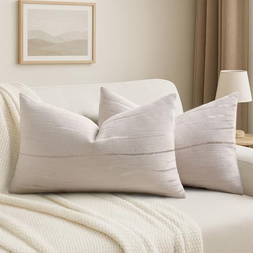 HAUSSY Pack of 2 Lumbar Pillow Covers 12x20 Inch, Boho Embossed Decorative Throw Pillows Soft Striped Textured Cushion Covers Home Decor Pillowcases for Couch Living Room Sofa Bed, Beige (Covers Only) - color: Beige, size: 20" x 12" (Pack of 2)
