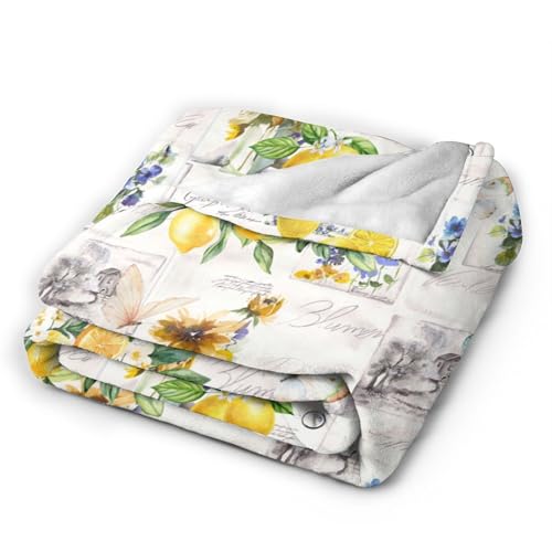 Lemon Throw Blanket for Couch Chair Sofa Bed, Flannel Soft Watercolor Summer Fruits Floral Butterfly Vintage Blanket for Bedroom Living Room Car, Warm Cozy Farmhouse Blankets for All Season 30"x 40" - color: Lemon06, size: 30X40 inch