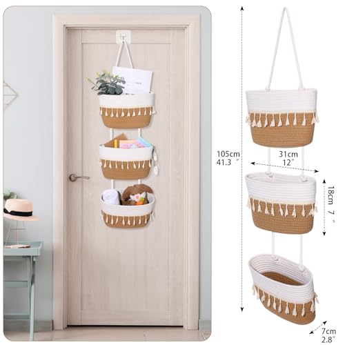 SiliFine Over The Door Hanging Basket Boho Woven Wall Hanging Baskets 3-Tier Cotton Wall Mounted Storage Organizer Bag Macrame Decorative for Kitchen Laundry Room Stairs(White, Jute) - color: White, Jute