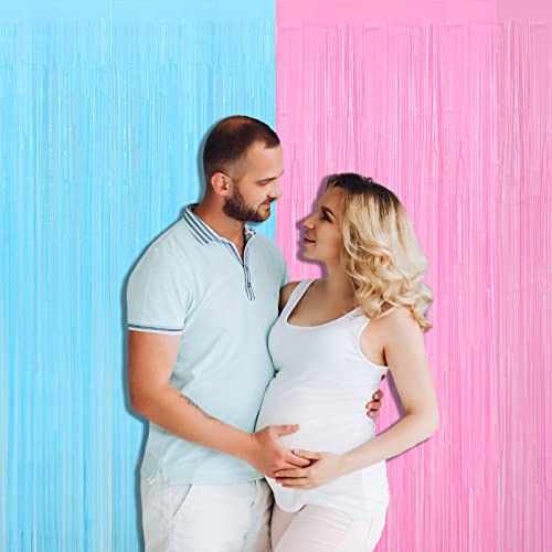 4 Pack Macaron Pink Blue Foil Fringe Curtain Backdrop, 3.28Ft x 8.2Ft Metallic Tinsel Foil Fringe Streamers for Photo Booth, Wedding Gender Reveal Backdrop Boy or Girl Birthday Party Decoration - color: Blue,Pink