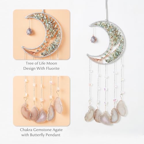 Agate Gemstone Big Dream Catcher 7 Chakra Tree of Life Dream Catcher with Crystal Stones Handmade Dreamcatcher Wall Decor for Adults Boys Girls,Bedroom,Garden,Bless Gift(Large Aqua Moon) - color: Butterfly Aqua Moon Agate