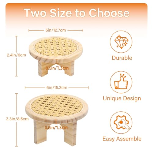 Small Plant Stand Set - 5" & 6" Display Shelf with Rattan Decor, Rustic Wooden Riser for Indoor Plants, Home Office Desk, Window Sill Decor