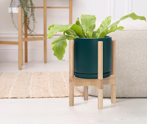 D'vine Dev Ceramic Planter with Natural Stand - 8 Inch Modern Round Flower Pot with Wood Planter Holder, Teal, 55-B-N-4 - color: Teal Pot + Natural Stand, size: 8 Inch
