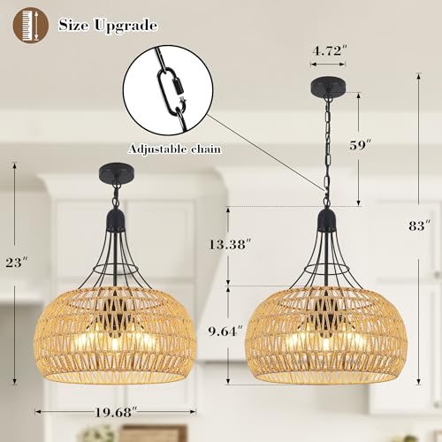 20" Rattan Farmhouse Chandeliers for Dining Room, 5-Light Boho Rattan Chandelier Light Fixtures with Woven Wicker Lampshade, Rustic Pendant Lighting for Kitchen Island, Living Room - color: Beige, size: 20 Inch