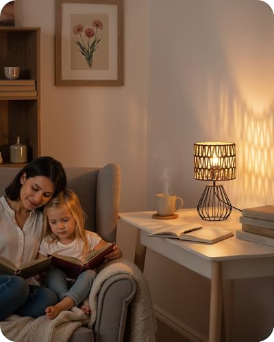 Rattan Table Lamp, Boho Table Lamp, Small Bedside Lamp, Handwoven Paper Lampshade, 2700K LED Bulb Included, Boho Desk Lamp, Modern Nightstand Lamp for Bedroom, Living Room, HW06TL05 - color: Mesh + Black