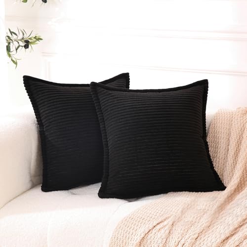 Corduroy Black Throw Pillow Covers Set of 2 Striped Boho Decorative with Edge Design,Super Soft Throw Pillow Cushion Covers for Couch Sofa Living Room Solid Square 18×18inch/45cm×45cm - color: Black, size: 18" x 18" (Pack of 2)