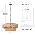 26 Inch Boho Rattan Chandelier, 6-Lights Hand Woven Bohemian Chandeliers with 2-Tier Drum Wicker Shade, Modern Farmhouse Large Pendant Light Fixture for Dining Room Living Entryway Bedroom - color: Black Metal, size: 26 Inch
