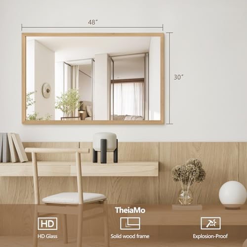 48"x30" Bathroom Mirror with Natural Wood Frame for Wall, Large Rectangle Vanity Mirror Rustic Farmhouse Decor Mirror, Anti-Rust Explosion-Proof, Hangs Horizontally or Vertically, Solid - color: Solid, size: 48"L x 30"W