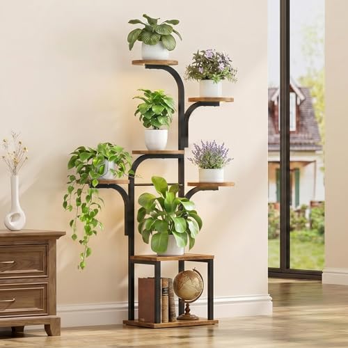 HOOBRO Plant Stand Indoor with Grow Lights, 47.2" Tall Metal Plant Shelf, 7 Tiered Corner Plant Stand for Indoor Plants, Plant Rack for Living Room Bedroom Balcony, Rustic Brown and Black BF09DHJ01 - color: Rustic Brown + Black
