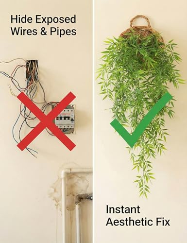 ANZOME Artificial Hanging Plants with Wall Basket, 2.7ft Faux Bamboo Vines for Shelf Decor, Fake Potted Greenery for Bathroom, Kitchen Cabinet Top (DIY Shapeable Set) - color: Wood+bamboo Leaves