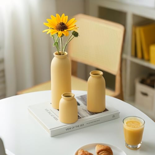 Ceramic Vase Set-3, Small Flower Vases for Decor, Modern Boho Farmhouse Style, Decorative Vases for Pampas Grass & Dried Flowers, Distressed Finish (Yellow) - color: Yellow