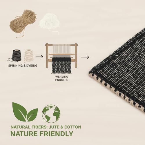 Black 8x10 Cotton Jute Rug Braided Construction - Farmhouse Woven Carpet - Mid-Century Modern Floor Covering for Bedroom Living Room, 8' x 10' - color: Black, size: 8' x 10'