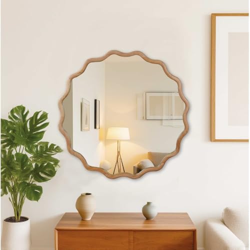 36" Wavy Round Wall Mirror with Solid Wood Frame, Country Irregular Decorative Mirror for Bathroom, Bedroom, Living Room & Entryway, HD Tempered Glass, No Distortion Vanity Mirror (Natural Wood,36“) - color: Natural, size: 36"L x 36"W