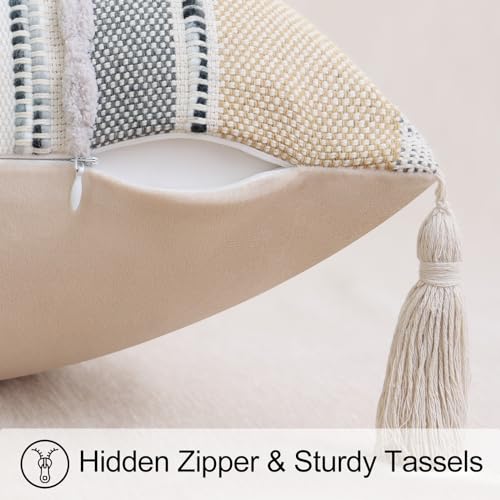 decorUhome Boho Decorative Throw Pillow Covers 18x18 Set of 2, Striped Chenille Tufted Pillow Covers with Tassels for Couch Bed Sofa, Cream White and Light Grey - color: Cream White and Light Grey