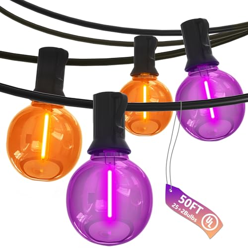 SUNSGNE G40 LED Halloween String Lights Outdoor 50FT Halloween Globe Lights with 27 LED Shatterproof Clear Orange Purple Bulbs(2 Spare) for Patio Balcony Backyard Pergola Decor - color: Orange Purple, size: 50FT
