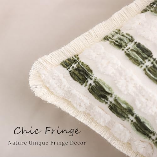LUOYEHK Chenille Striped Throw Pillow Covers 18x18 Inch Set of 2 Boho Decorative Pillowcases with Fringe Farmhouse Neutral Green and Beige Cushion Covers for Couch Sofa Bed Living Room - color: Green and Beige, size: 18" x 18" (Pack of 2)