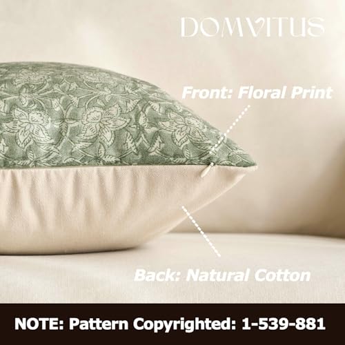 DOMVITUS Floral Pillow Covers 18x18 Throw Pillow Covers Block Print Vintage Decorative Neutral Pillow Cover for Couch Bed Living Room Sage Green 1PC - color: Sage Green, size: 18" x 18" (Pack of 1)