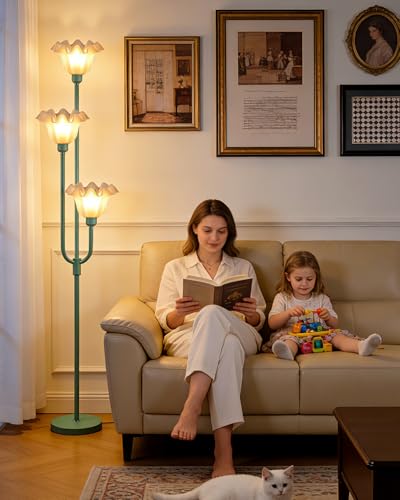 66 Inch Flower Green Floor Lamp for Living Room Bedroom Office, 3-Light Mid Century Standing Lamp with 3000K Warm White LED Bulbs, Vintage Floral Lamp with Heavy Stable Base & Foot Switch - color: 3 Flower-Green