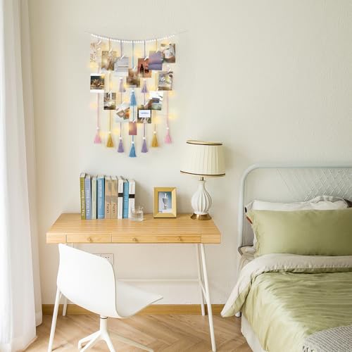 Mkono Macrame Hanging Photo Display Wall Decor with String Lights Boho Room Bedroom Wooden Beads Garland Picture Greeting Cards Holder with 30 Clips - color: Multi Color, size: Medium