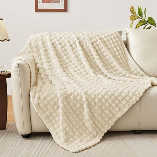 BEDELITE Beige Throw Blanket for Couch - Super Soft Lightweight 3D Checkered Fluffy Fuzzy Fleece Blanket, Luxurious Plush Cozy Summer Blanket for Homg Room Decor, Gift for Women, 50"x60" - color: Beige, size: Throw(50"x60")