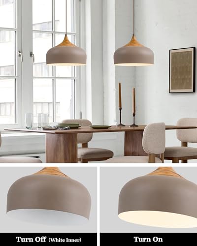 ELYONA 12 Inch Japandi Pendant Light, Farmhouse Pendant Light Fixture with Faux Pine Wood Grain Metal Shade, Adjustable Hanging Light for Kitchen Island Dining Room Bedroom Sloped Ceiling, Dark Brown - color: Dark Brown
