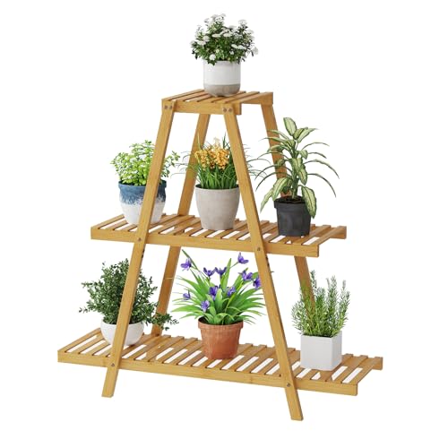 STDDRE Plant Stand For Indoor Outdoor Tiered Plant Shelf 3 Tier 8 Potted Bamboo Flower Holder Ladder Rack For Multiple Triangle Table Plant Pot Stand (Natural) - color: Natural