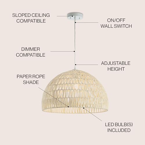 JONATHAN Y 20" Cream Modern Bohemian Woven Rope LED Pendant Light Fixture, Adjustable Dome Ceiling Lamp for Kitchen Island, Rope Shade, Coastal Farmhouse Decor JYL6504A - color: Cream, size: 20"