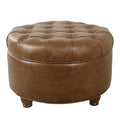 HomePop 25" Button Tufted Round Storage Ottoman - Brown Faux Leather - color: Light Brown